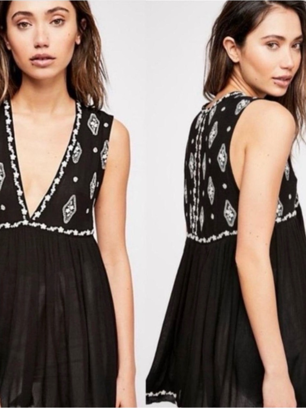 Free People Black Sleeveless Embroidered V-Neck Tunic